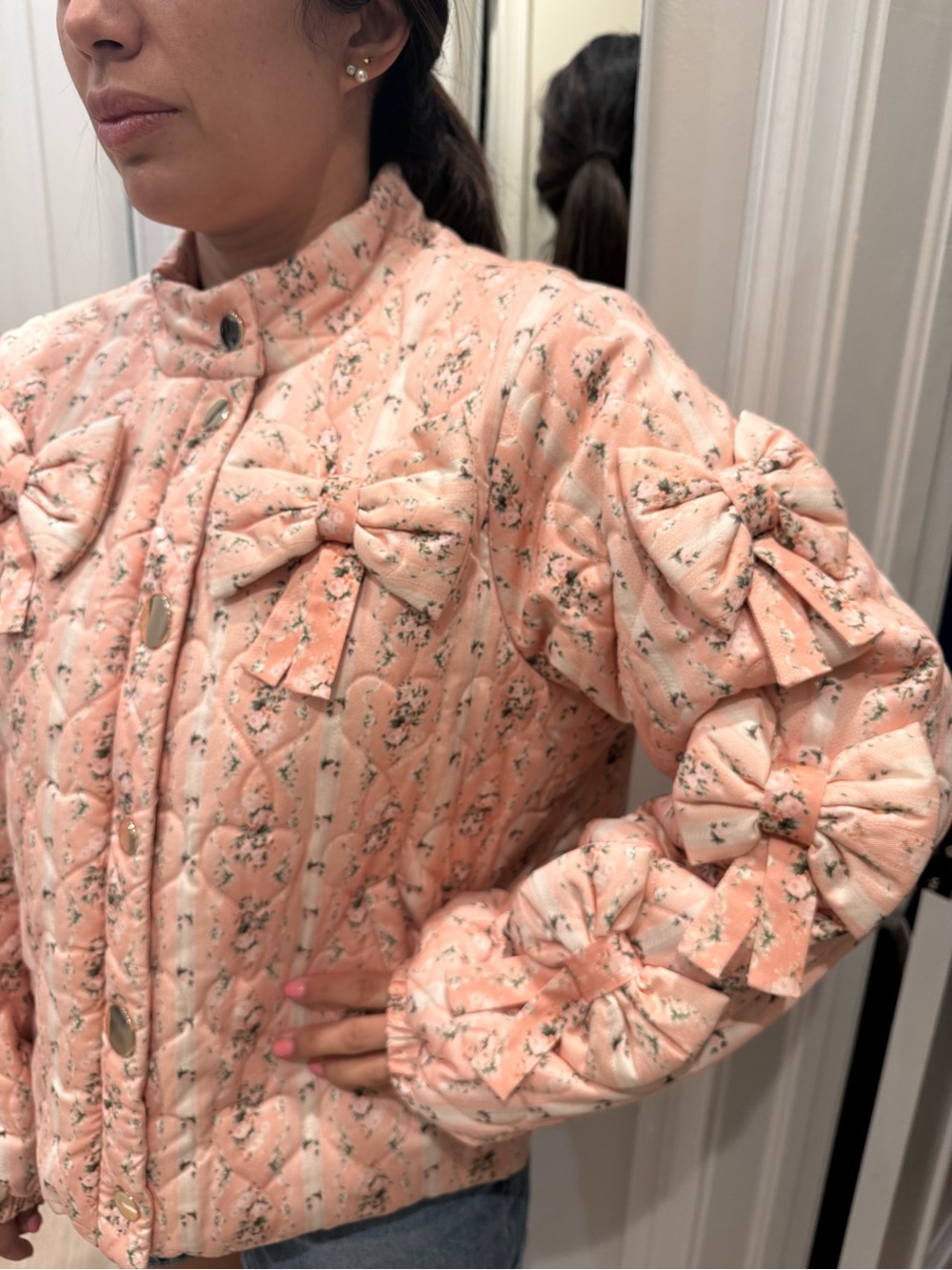 LoveShackFancy Peach-Pink Quilted Bow-Accent Puffer Jacket